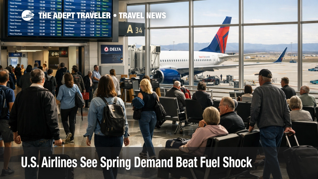 U.S. airline spring demand shown by a busy airport concourse and full gate area as carriers report stronger March bookings