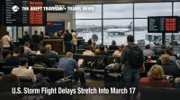 U.S. storm flight delays at Atlanta airport show crowded gates, delay boards, and a wet ramp during March 17 recovery