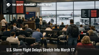 U.S. storm flight delays at Atlanta airport show crowded gates, delay boards, and a wet ramp during March 17 recovery