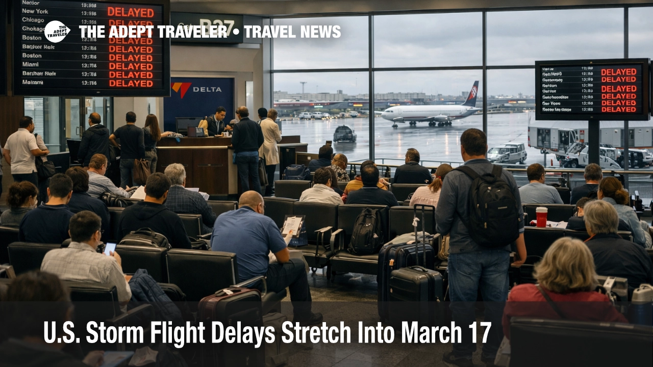 U.S. storm flight delays at Atlanta airport show crowded gates, delay boards, and a wet ramp during March 17 recovery