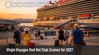 Red Hot Sailing Club Voyage embarkation scene near Athens as travelers board a Virgin Voyages ship for 2027