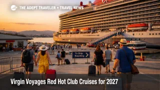 Red Hot Sailing Club Voyage embarkation scene near Athens as travelers board a Virgin Voyages ship for 2027