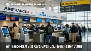 Air France-KLM Visa card launch shown in a JFK check in hall, reflecting the new Flying Blue loyalty push for U.S. travelers
