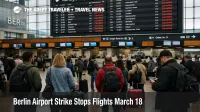 Berlin airport strike scene at BER with travelers facing canceled flights and departure boards on March 18, 2026