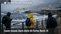 Canary Islands storm alerts at a Tenerife ferry terminal show rough seas, wet access areas, and transfer disruption risk