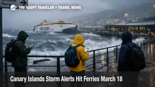 Canary Islands storm alerts at a Tenerife ferry terminal show rough seas, wet access areas, and transfer disruption risk