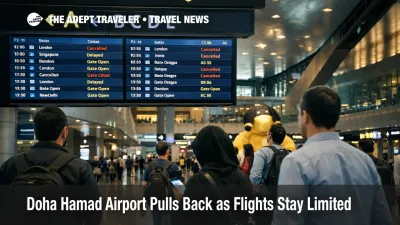 Travelers under departure boards at Hamad during the Doha Hamad airport disruption and limited Qatar Airways operations