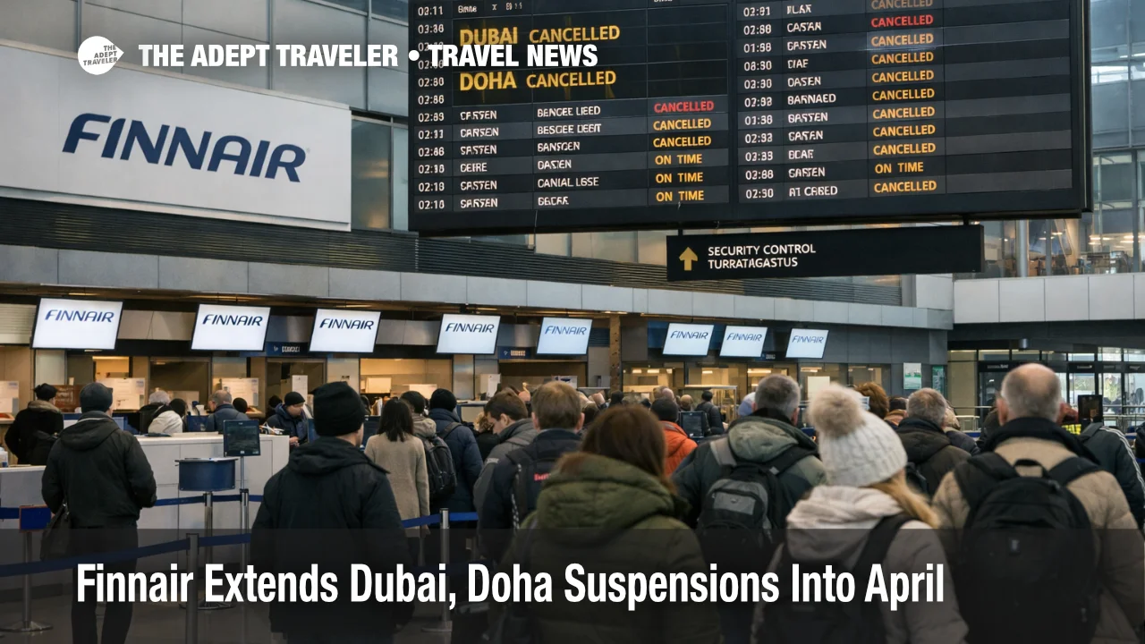 Finnair Dubai Doha suspensions shown by Helsinki Airport departure screens and travelers facing Gulf route disruption
