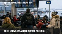 March 18 flight delays at Chicago O'Hare show waiting passengers, delay boards, and wet ramp recovery conditions