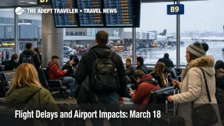 March 18 flight delays at Chicago O'Hare show waiting passengers, delay boards, and wet ramp recovery conditions