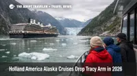 Holland America Alaska itinerary change shows scenic cruising in Endicott Arm with glacier ice and passengers on deck