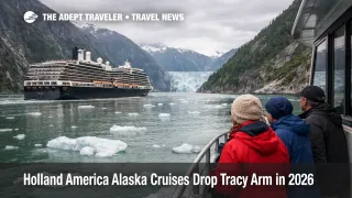 Holland America Alaska itinerary change shows scenic cruising in Endicott Arm with glacier ice and passengers on deck