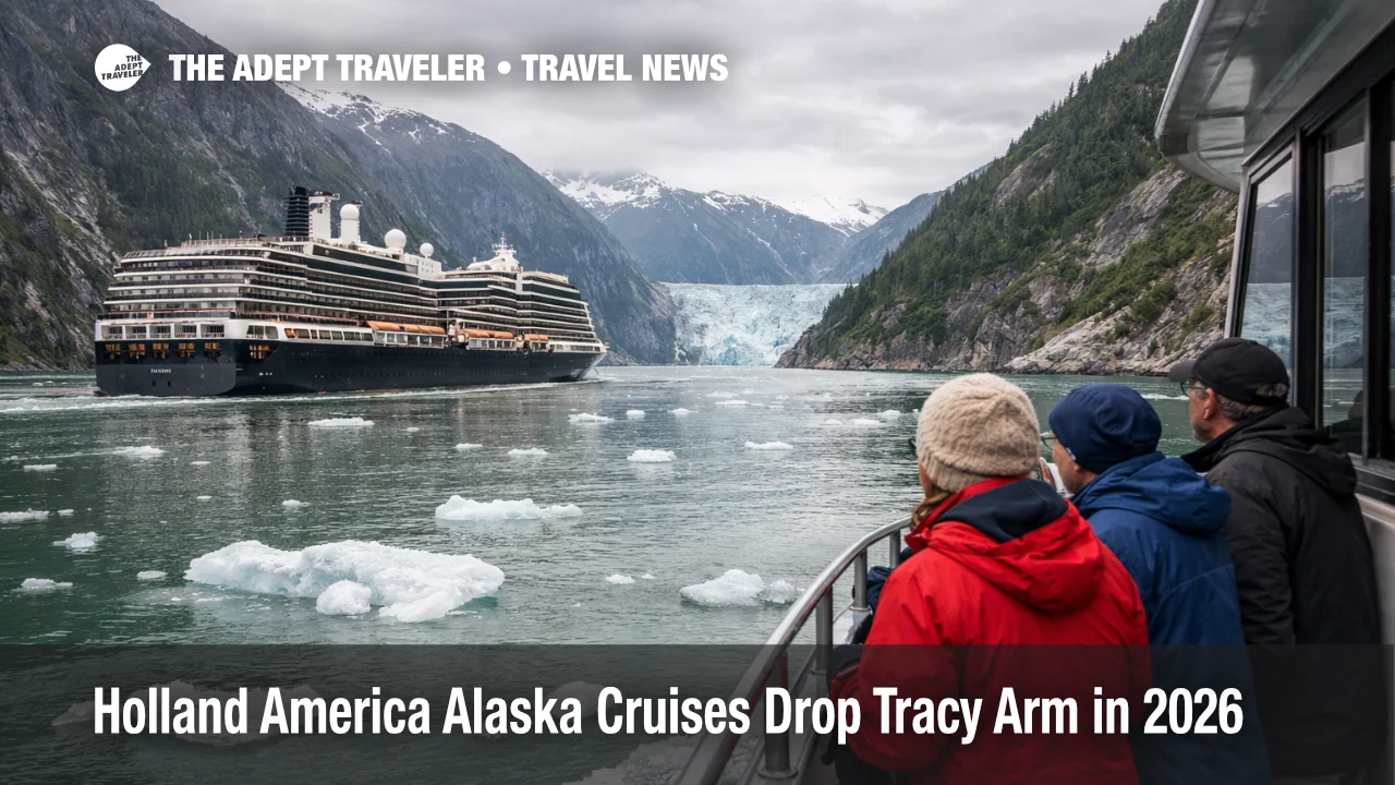 Holland America Alaska itinerary change shows scenic cruising in Endicott Arm with glacier ice and passengers on deck