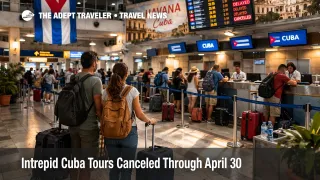 Intrepid Cuba cancellations reflected by travelers waiting in a Havana terminal during fragile power and transport conditions