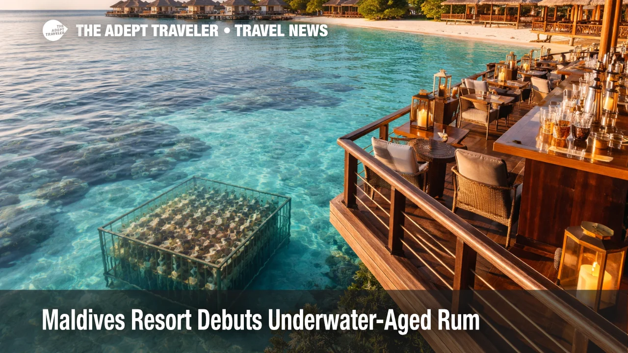 Maldives underwater-aged rum experience at NH Collection Reethi with submerged bottle cage visible below clear lagoon water