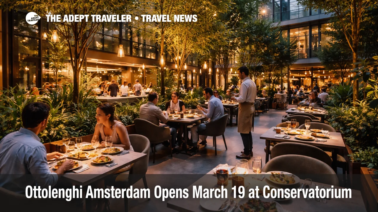 Ottolenghi Amsterdam opening scene inside Mandarin Oriental Conservatorium with diners in the Museum District atrium