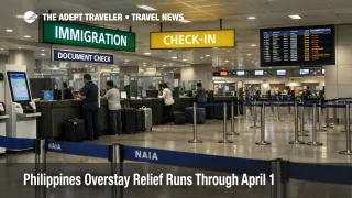 Philippines overstay relief shown through a Manila airport document check area as stranded visitors rebook before April 1