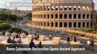 Rome Colosseum restoration shows the new travertine forecourt and visitor approach outside the ancient arena