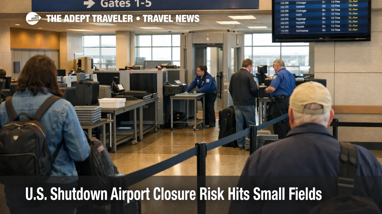 U.S. shutdown airport closure risk at a small regional terminal checkpoint with sparse staffing and waiting travelers