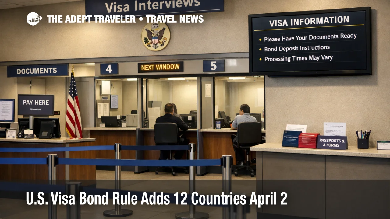 U.S. visa bond rule shown by a visa interview area, highlighting higher entry cost and longer trip planning timelines