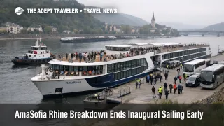 AmaSofia Rhine breakdown scene near Koblenz shows a river ship paused during passenger transfers after engine trouble