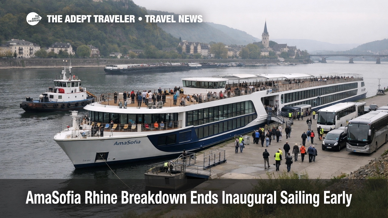 AmaSofia Rhine breakdown scene near Koblenz shows a river ship paused during passenger transfers after engine trouble