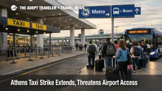 Athens taxi strike airport access shown by an empty ATH taxi rank and travelers shifting to buses and rail