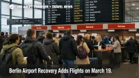 Berlin airport recovery flights at BER show travelers queueing beneath departure screens during the March 19 catch up