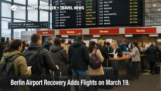 Berlin airport recovery flights at BER show travelers queueing beneath departure screens during the March 19 catch up