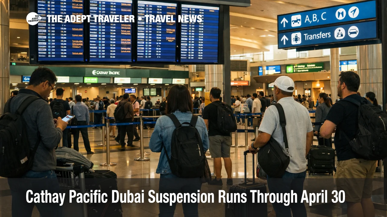 Travelers wait under screens at DXB during the Cathay Pacific Dubai suspension and wider long haul disruption