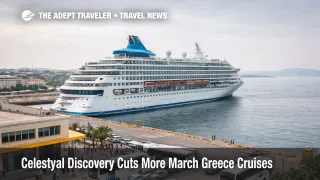 Celestyal Discovery cancellations visualized by a cruise ship waiting near Piraeus as late March Greece departures are cut