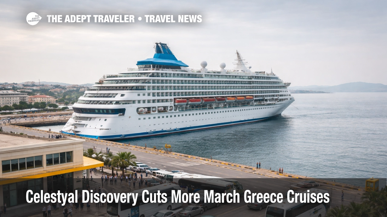Celestyal Discovery cancellations visualized by a cruise ship waiting near Piraeus as late March Greece departures are cut