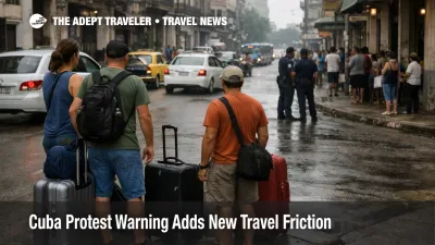 Cuba protest travel risk in Havana shown by slowed street traffic, waiting travelers, and tighter hotel area mobility