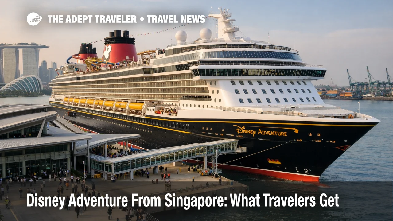 Disney Adventure Singapore cruise ship at Marina Bay Cruise Centre during embarkation for a short sailing