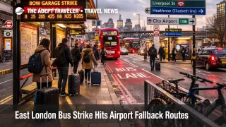 East London bus strike scene near Bow shows delayed airport transfer links and crowded fallback transport in London
