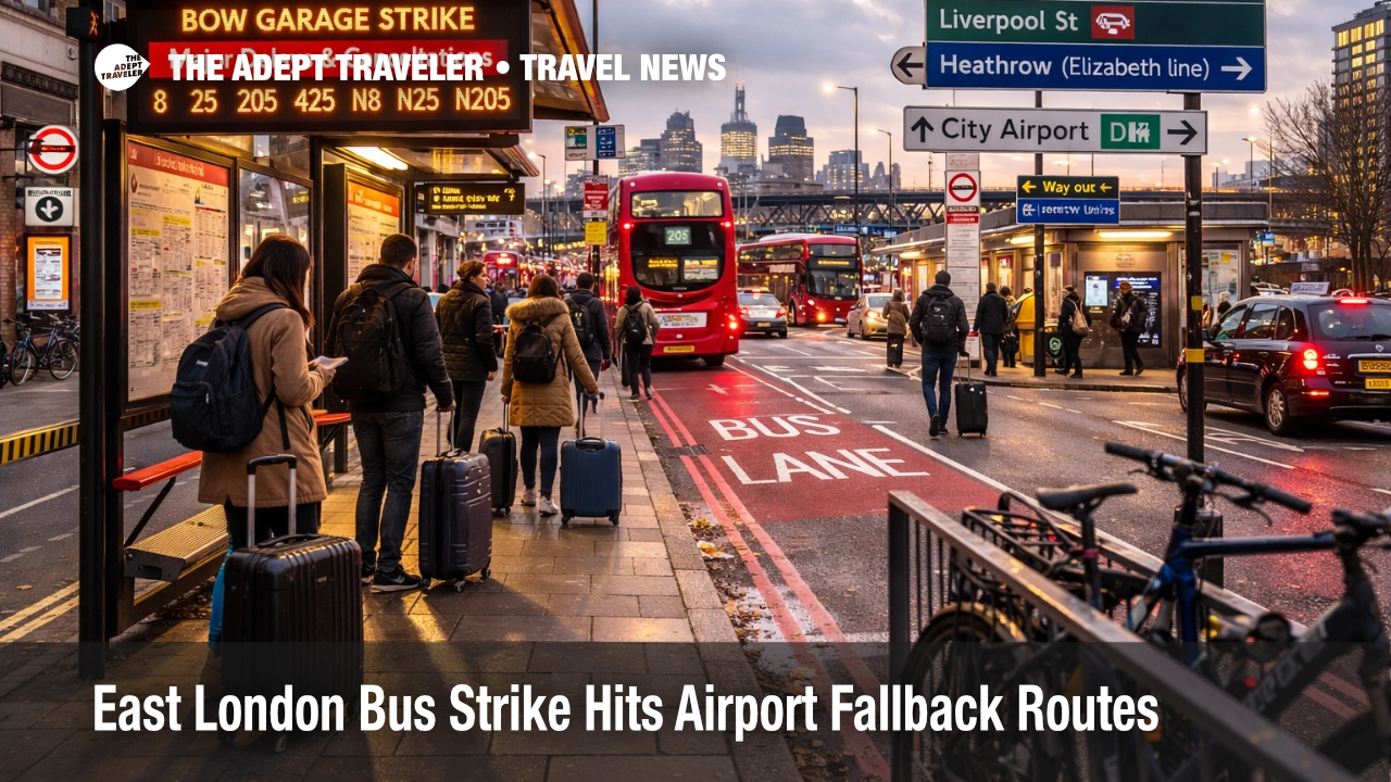 East London bus strike scene near Bow shows delayed airport transfer links and crowded fallback transport in London
