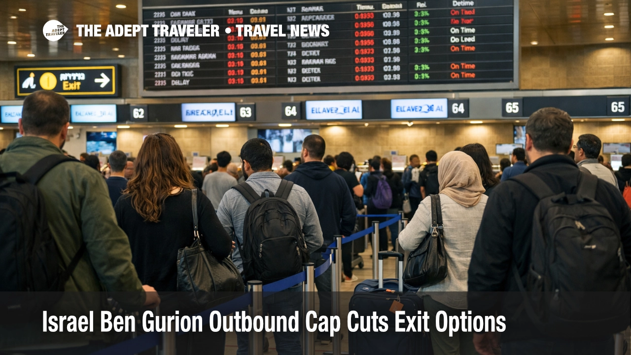 Travelers wait in Ben Gurion departures as Israel outbound flight caps tighten and air exit options narrow