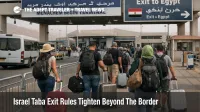 Israel Taba exit rules at the border crossing show travelers queueing for Egypt entry and onward Sinai transfers