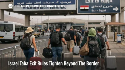 Israel Taba exit rules at the border crossing show travelers queueing for Egypt entry and onward Sinai transfers
