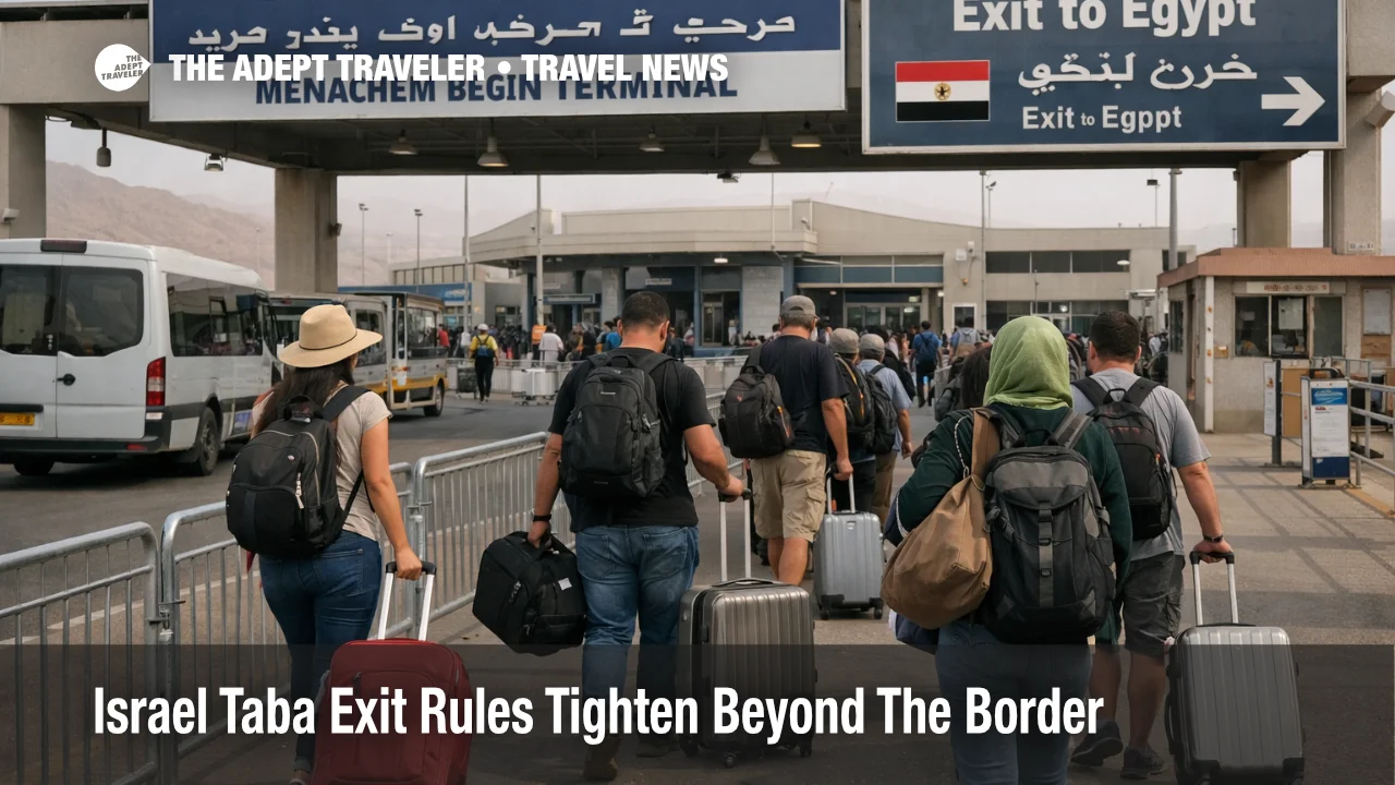 Israel Taba exit rules at the border crossing show travelers queueing for Egypt entry and onward Sinai transfers