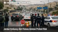Amman protest travel risk on a major road in Jordan as traffic slows near a checkpoint during an embassy alert