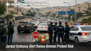 Amman protest travel risk on a major road in Jordan as traffic slows near a checkpoint during an embassy alert