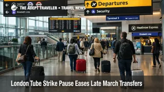 London Tube strike pause reflected in a calm Heathrow transfer scene as late March airport access risk eases