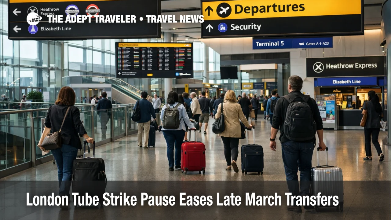 London Tube strike pause reflected in a calm Heathrow transfer scene as late March airport access risk eases