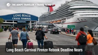 Carnival Firenze rebook deadline scene at Long Beach cruise terminal with travelers and ship during canceled fall sailings