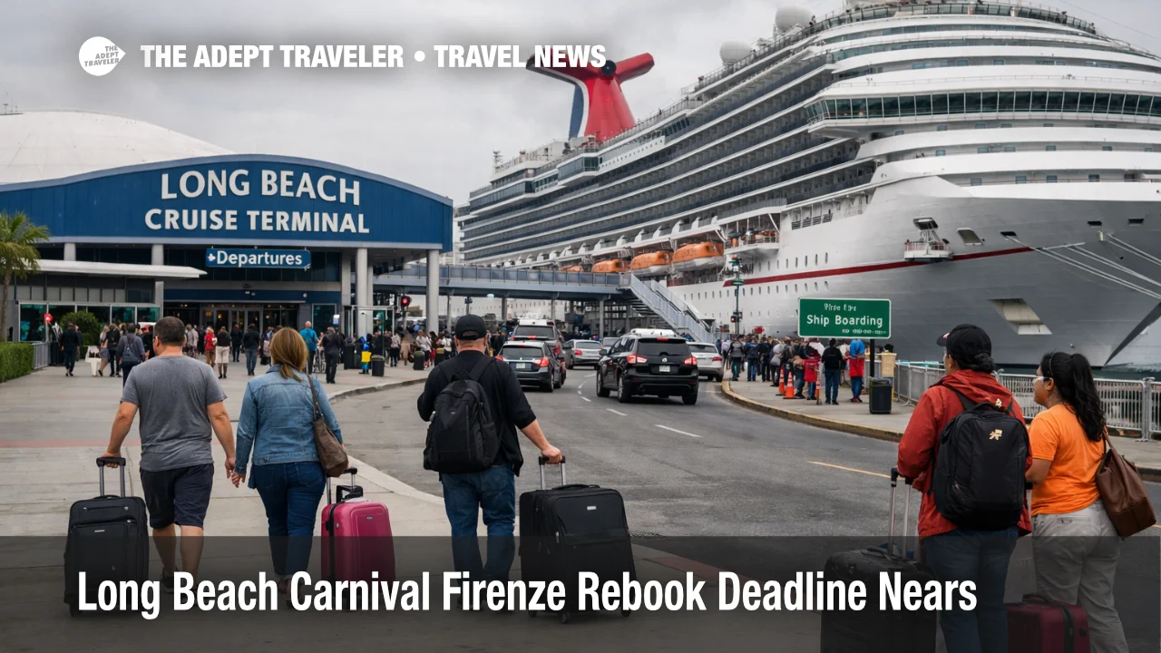 Carnival Firenze rebook deadline scene at Long Beach cruise terminal with travelers and ship during canceled fall sailings
