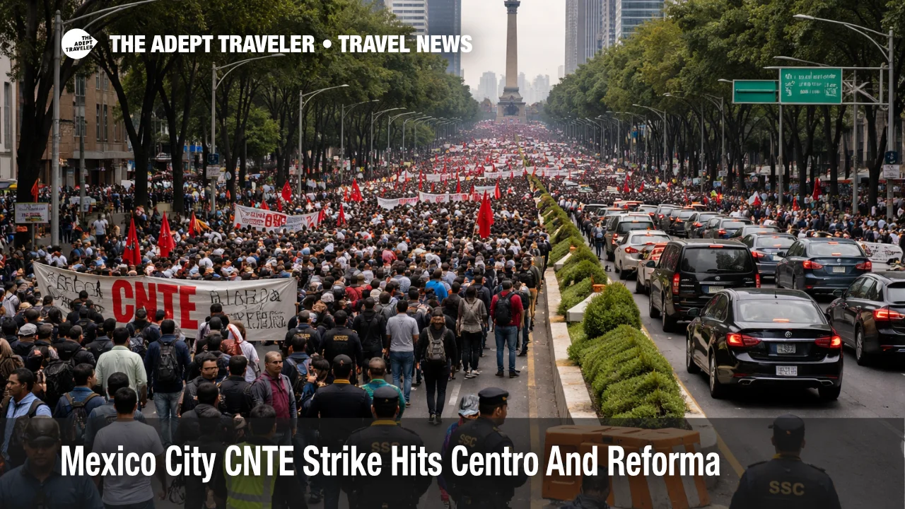 Mexico City CNTE strike march slows Reforma traffic near Centro hotel and transfer corridors