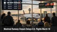 Montreal runway closure delays shown at YUL with waiting travelers and delayed U.S. departure screens