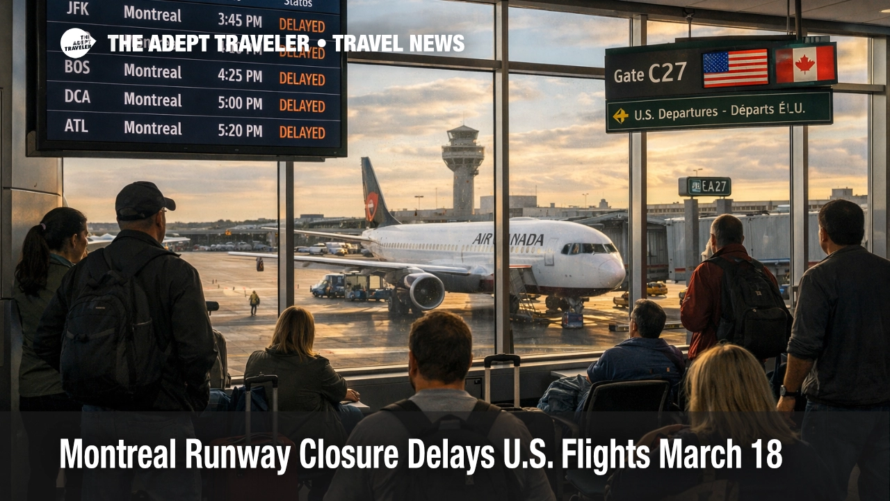Montreal runway closure delays shown at YUL with waiting travelers and delayed U.S. departure screens