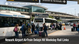 Newark Airport AirTrain disruption shows shuttle buses replacing weekday rail to terminal transfers at EWR